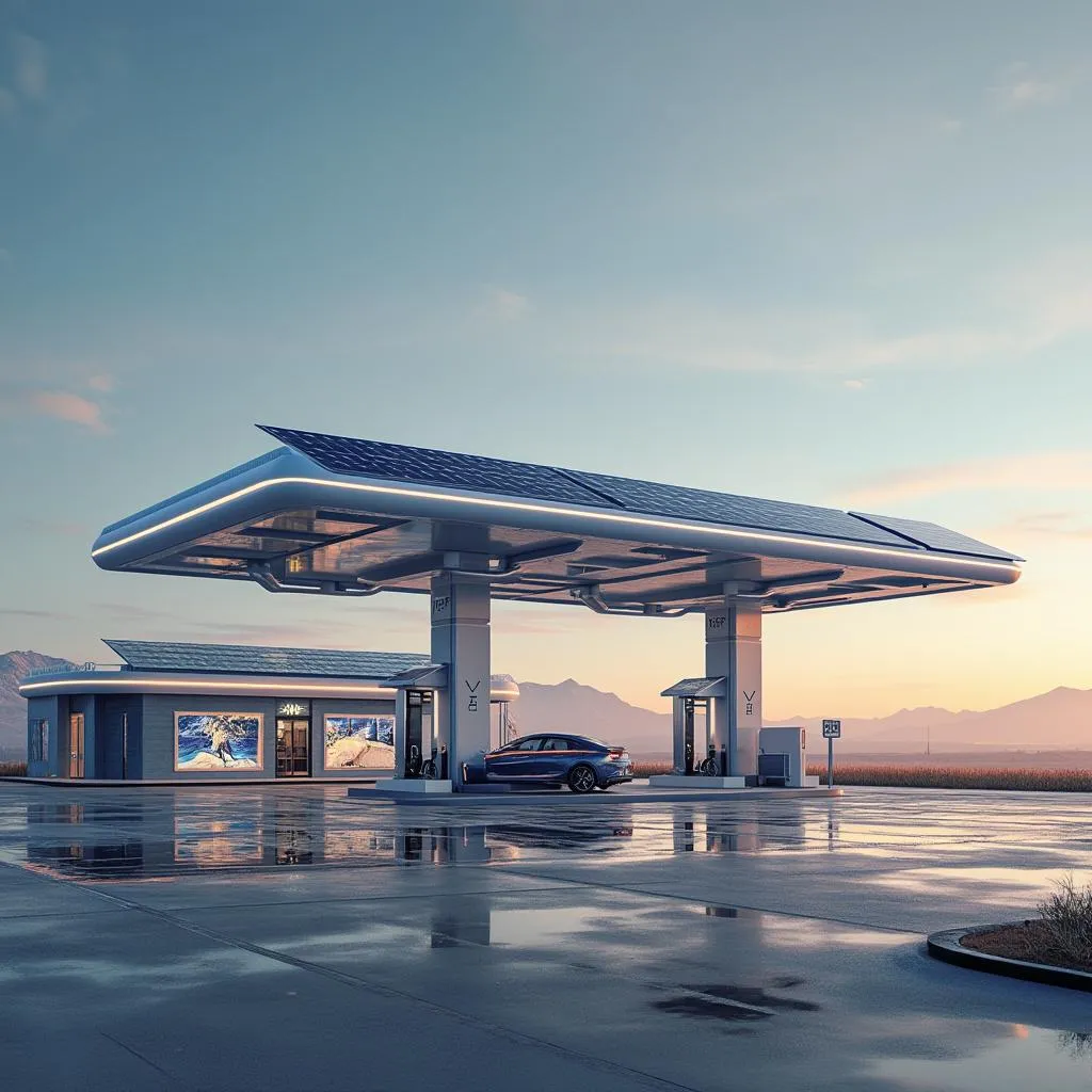 Estación YPF moderna con paneles solares y cargadores eléctricos